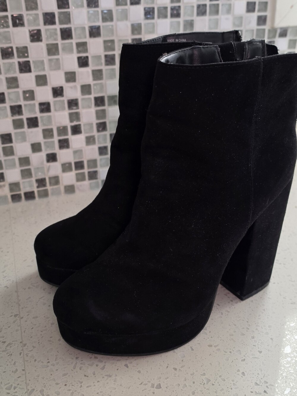Women's Black Suede-Look Platform Ankle Boots with Back Zipper